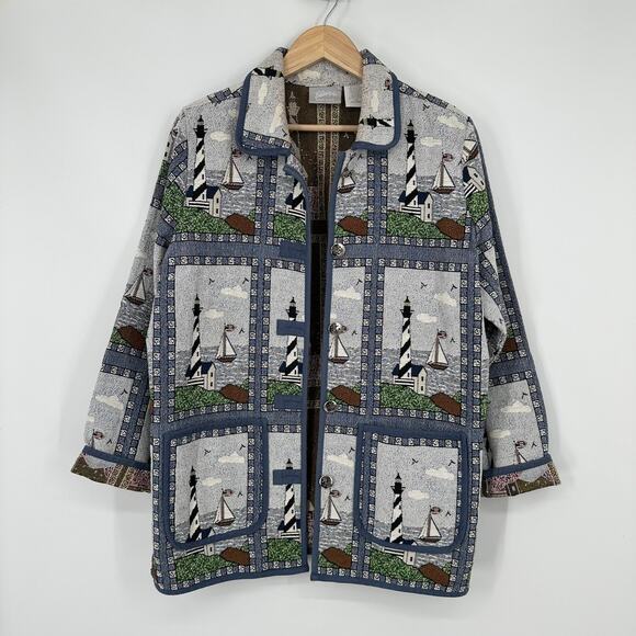 Vintage 90’s Nautical Tapestry Jacket Sailing Lighthouse Old Money Preppy Blazer - Picture 1 of 12